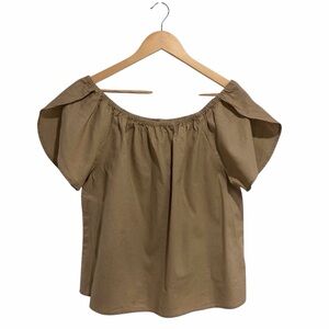Joe Fresh Brown Off-Shoulder Blouse Cotton Linen Blend Lap Over Flutter